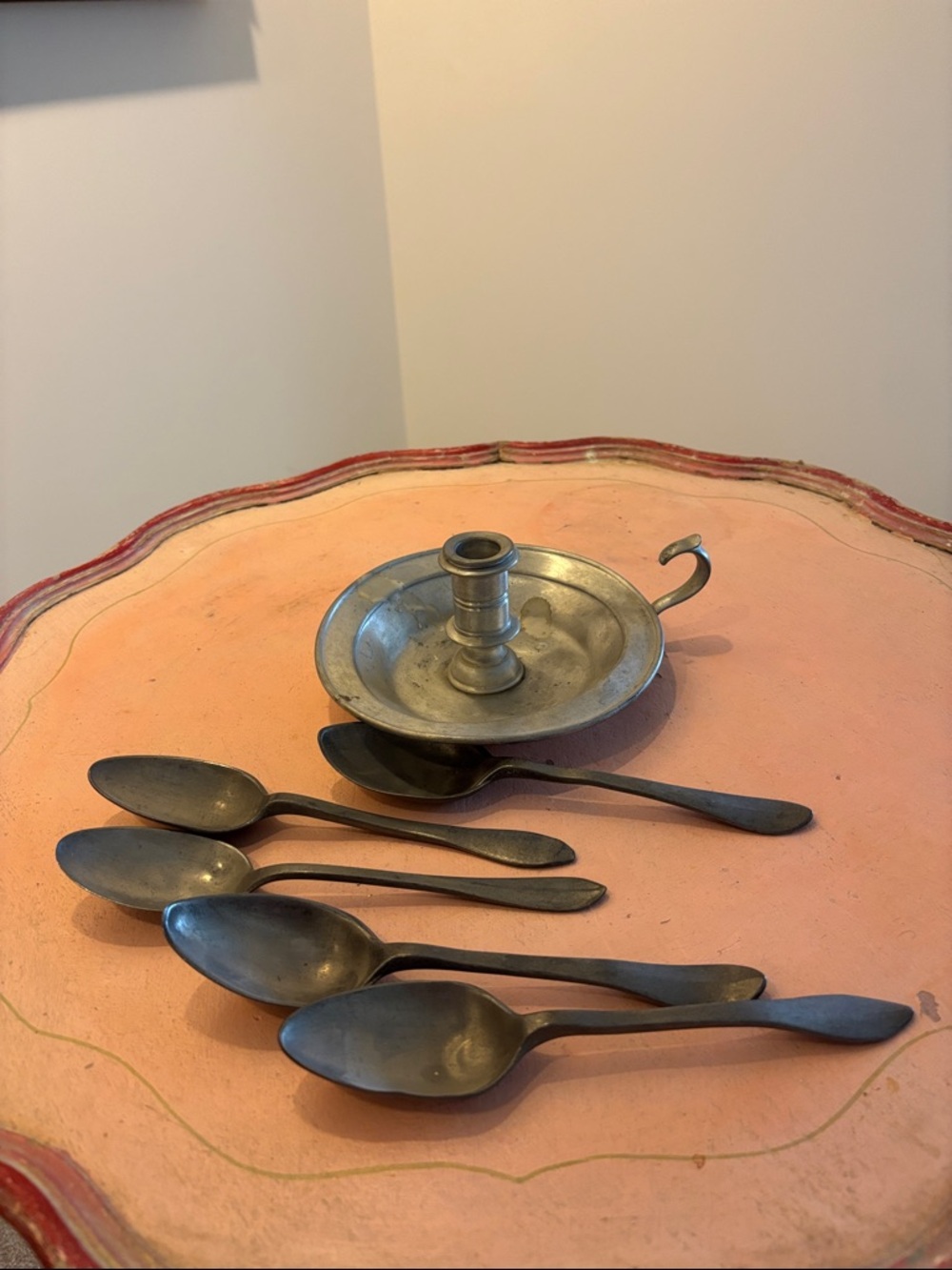 Vintage Pewter Chamberstick & Set of Five Pewter Spoons - Gray